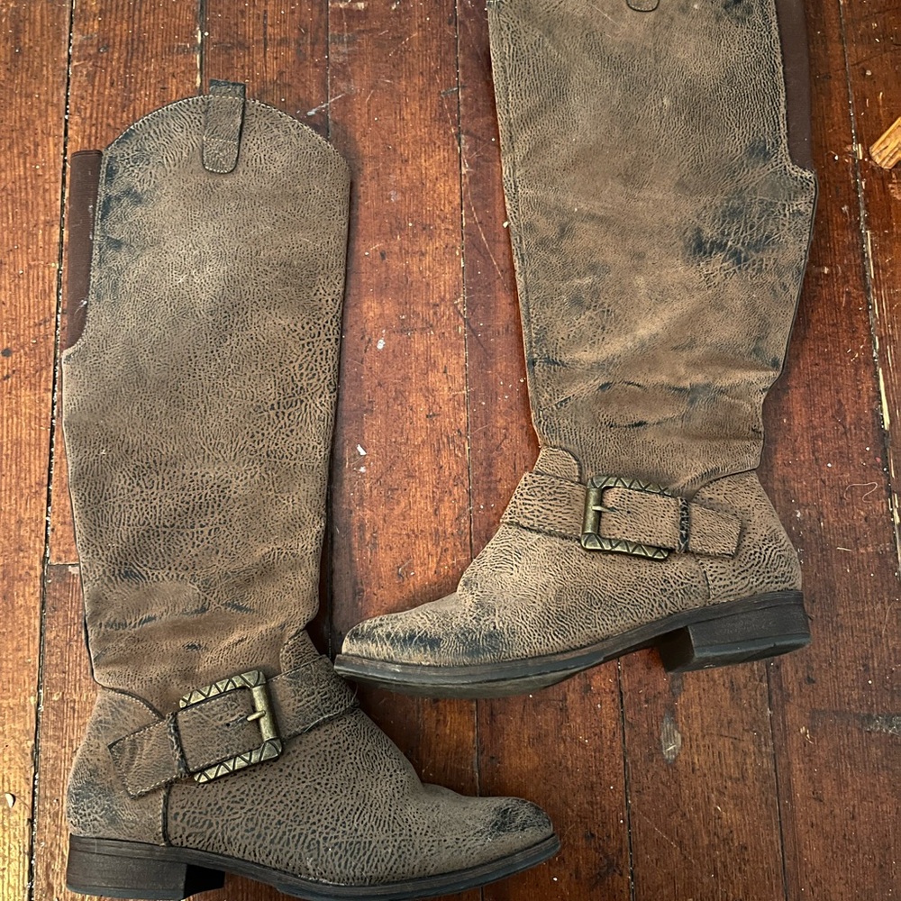 Brown Over the Knee Boots with Slouchy Fit and Low Heel